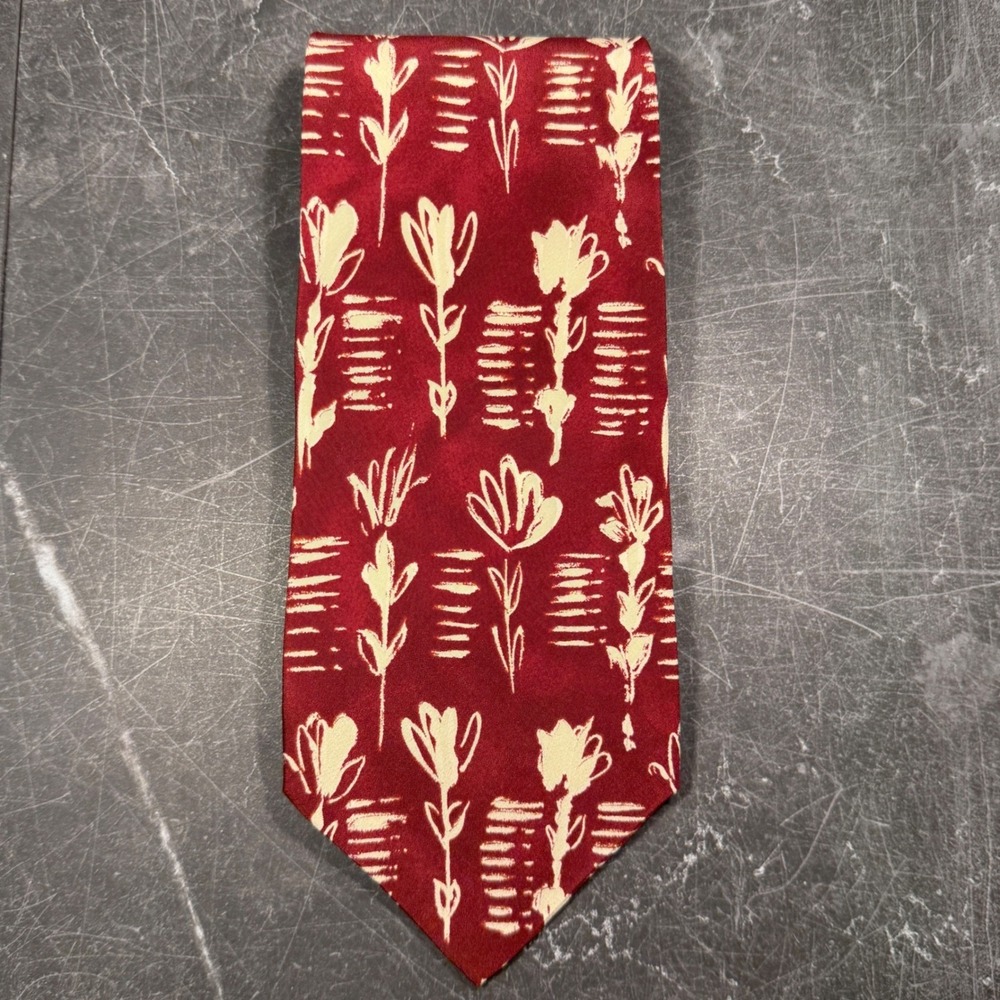 Mens Tie | Hugo Boss | Burgundy Red Cream Floral Silk Made in Italy 1140